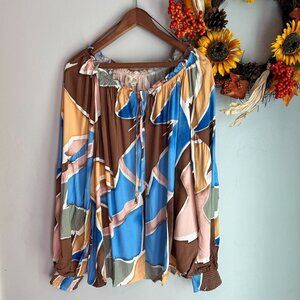 Blu Pepper Do It All Abstract Blouse 2X Brown Blue Long Sleeve